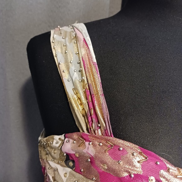 Signature by Robbie Bee Boho Pink Gold Metallic Floral Tiered Ruffle Dress 14 - Picture 3 of 8